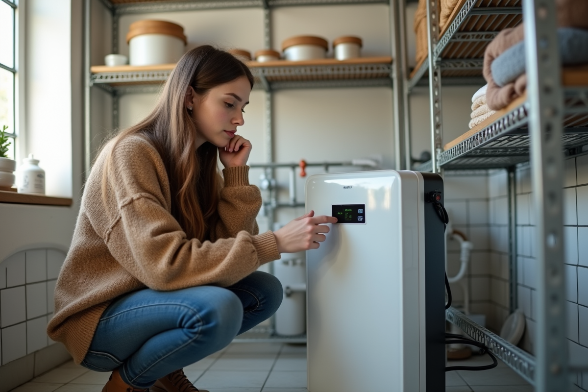 Jeune femme vérifiant un panneau solaire dans une pièce