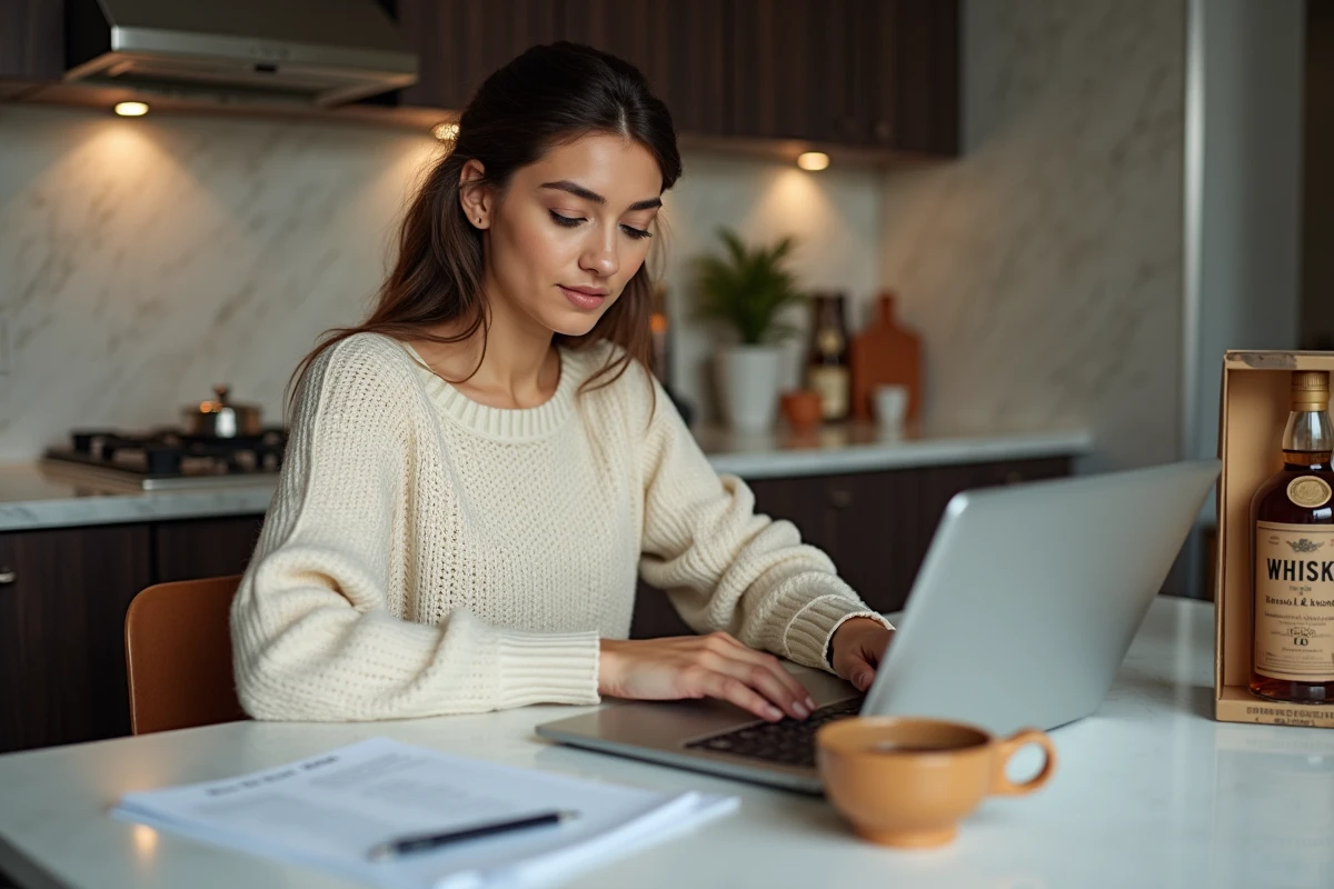 Jeune femme en cuisine travaillant sur son ordinateur portable