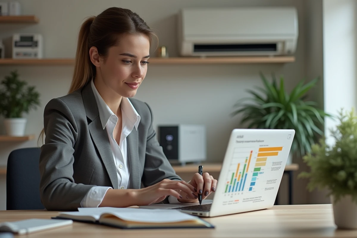 Femme au bureau analysant un système de chauffage air-air