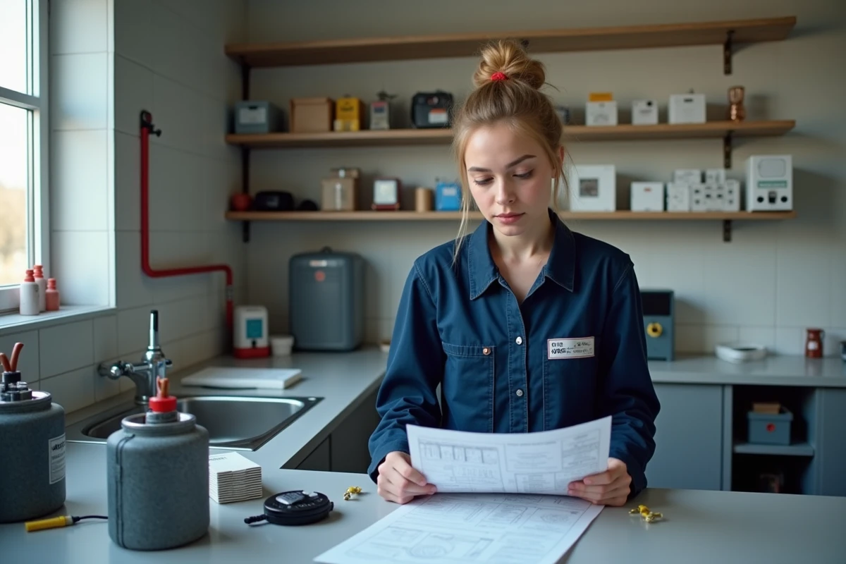 Jeune femme vérifiant un schéma électrique dans un atelier moderne