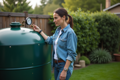 Femme vérifiant le niveau d'un grand réservoir d'eau vert dans un jardin