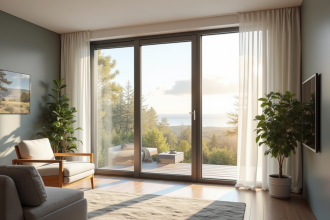Fenêtre double vitrage moderne dans un salon lumineux avec vue extérieure