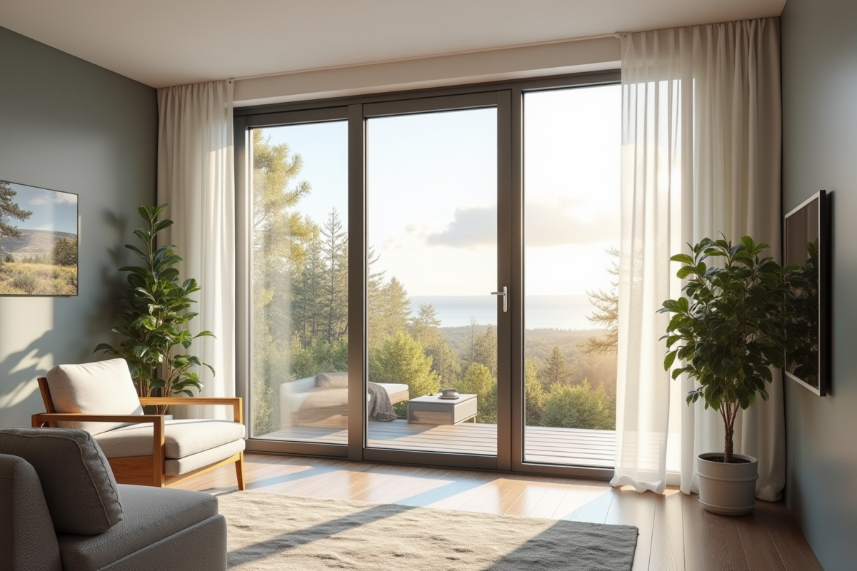 Fenêtre double vitrage moderne dans un salon lumineux avec vue extérieure