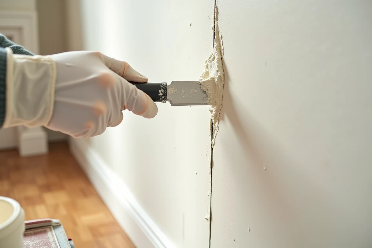 Gros plan sur l'application d'enduit de jointoiement sur une cloison Placo lors de la finition des travaux intérieurs