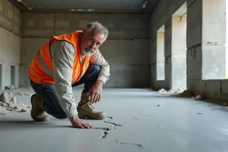 Ouvrier inspectant des fissures sur une chape de béton fraîchement coulée dans un chantier intérieur brut