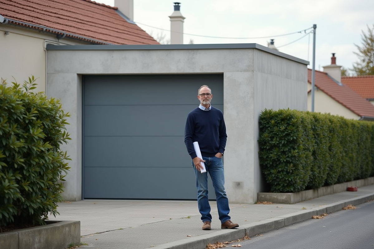 Homme moyenâgeux debout près d'un garage neuf en béton