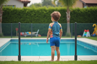 Jeune garçon près de la piscine avec clôture sécurisée