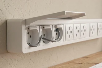Goulotte PVC blanche avec prises intégrées et volets de sécurité enfant visibles sur fond de mur beige