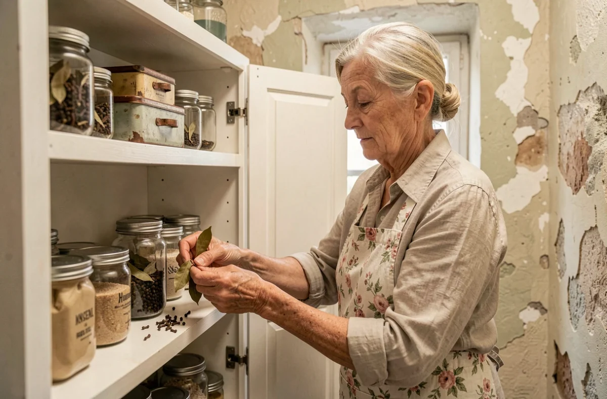 Grand-mère plaçant des feuilles de laurier dans un placard pour éloigner les petits insectes marrons naturellement
