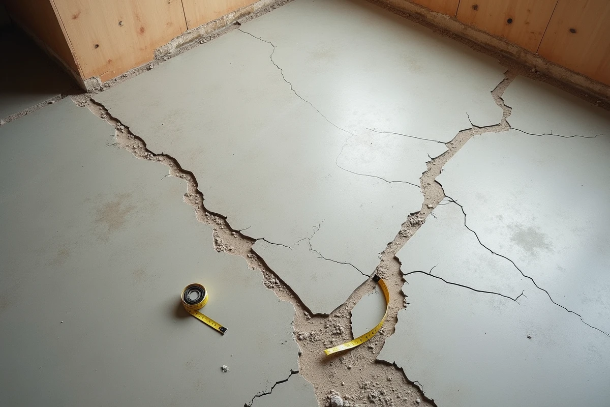 Gros plan sur des fissures et un affaissement de chape béton avec mètre ruban pour évaluer les dégâts