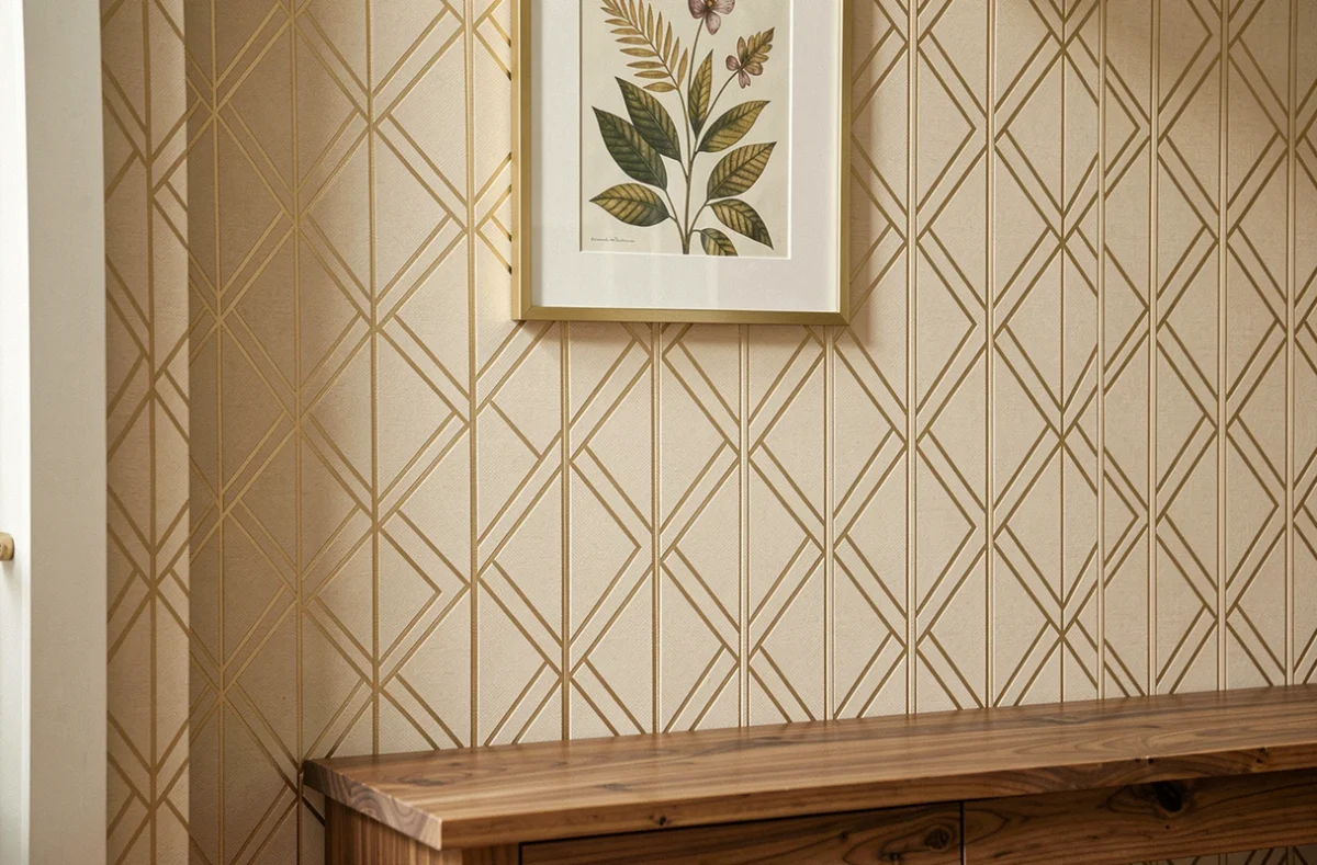 Gros plan sur un papier peint géométrique beige et doré style Art Déco dans un couloir raffiné avec cadre en laiton