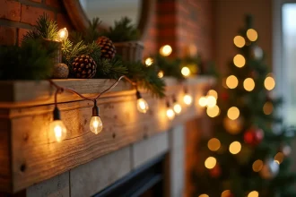Guirlande LED blanche chaude enroulée sur une cheminée en bois rustique décorée de pommes de pin et de houx pour Noël