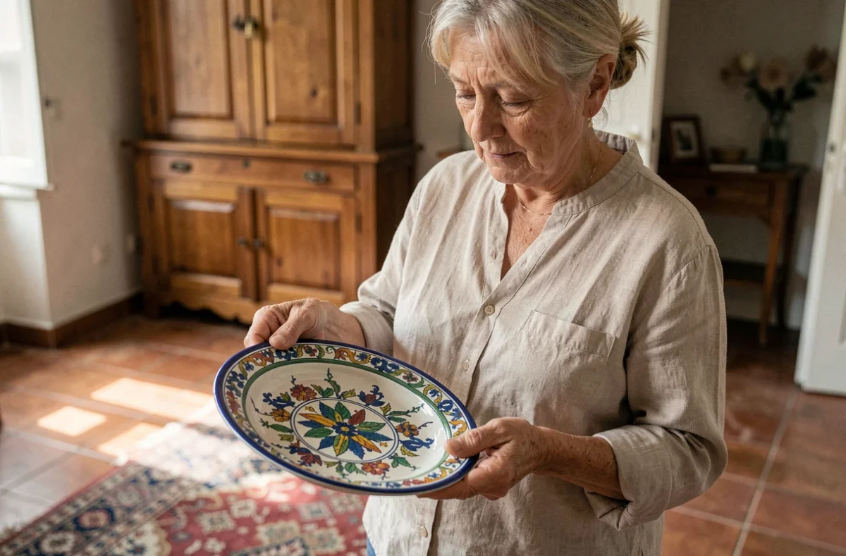 Femme âgée tenant une assiette de Moustiers héritée et l'examinant attentivement dans un intérieur provençal