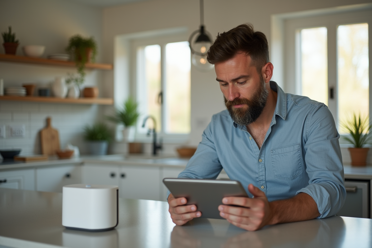 Homme avec barbe configurant un hub connecté dans la cuisine