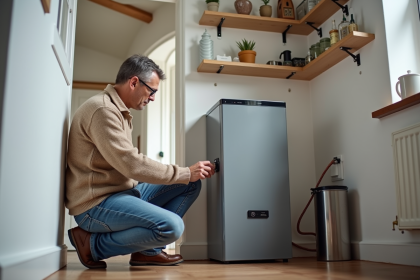 Homme vérifiant une chaudière à gaz dans une pièce propre