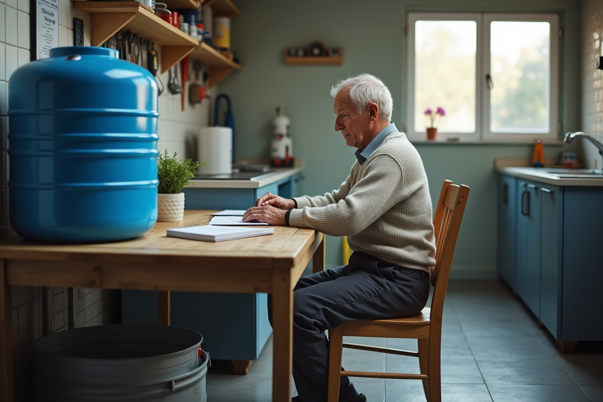 Homme âgé contrôlant un petit réservoir d