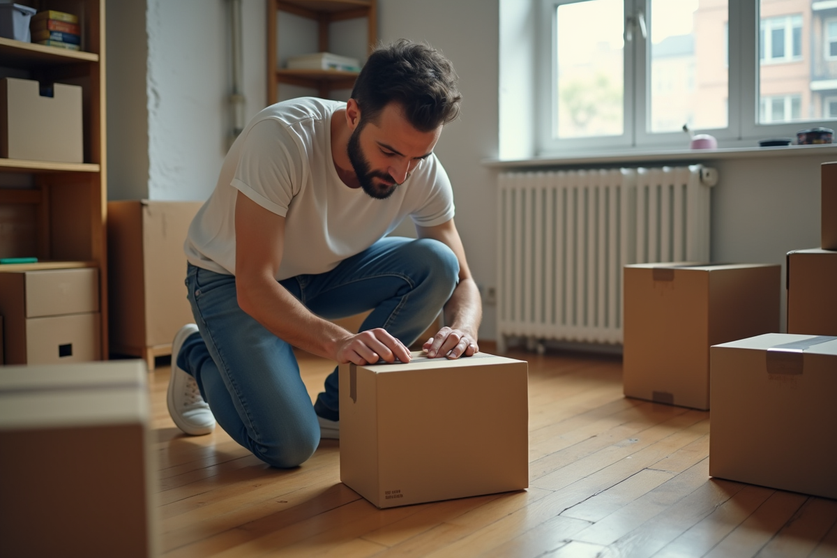 Jeune homme emballant des caisses dans un appartement