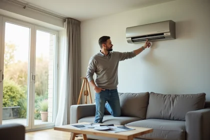Homme regardant une climatisation murale dans un salon moderne