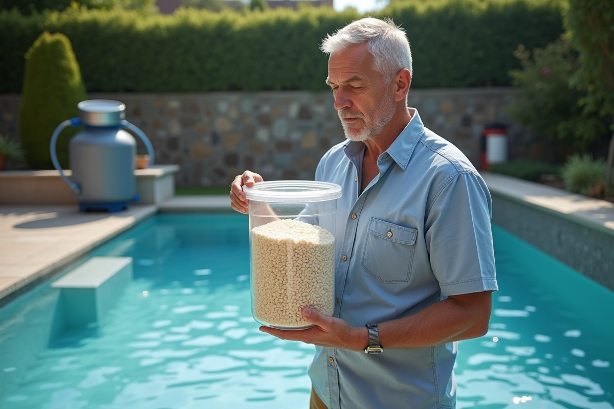 Homme d'âge moyen près d'une piscine avec filtre et media