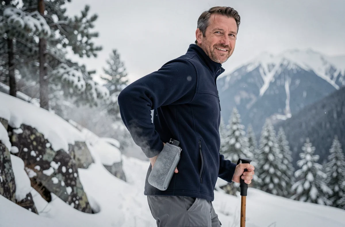 Homme utilisant une gourde chauffante rechargeable lors d'une randonnée hivernale en montagne enneigée