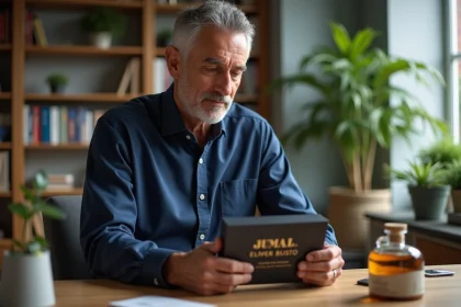 Homme d'âge moyen examinant un coffret whisky élégant dans un salon moderne