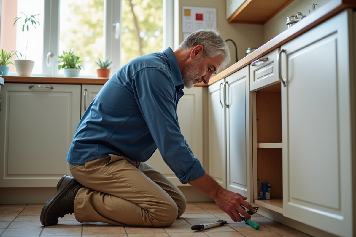 Homme en train d installer une porte de cuisine au sol