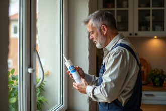 Homme appliquant du silicone autour d'une fenêtre intérieure
