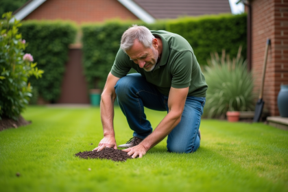 Homme d'âge moyen en jeans et polo vert arrosant la pelouse