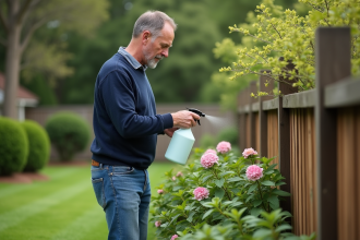 Homme d'âge moyen appliquant un répulsif naturel dans son jardin