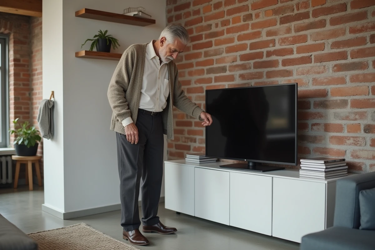 Homme âgé arrangeant des magazines dans un intérieur cosy