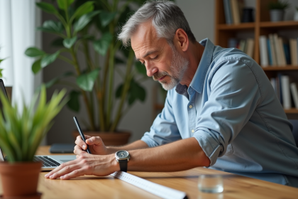 Homme d'âge moyen mesurant un bureau en bois dans un bureau à domicile
