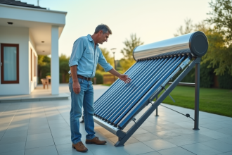 Homme inspectant un chauffe-eau solaire sur le toit