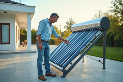 Homme inspectant un chauffe-eau solaire sur le toit