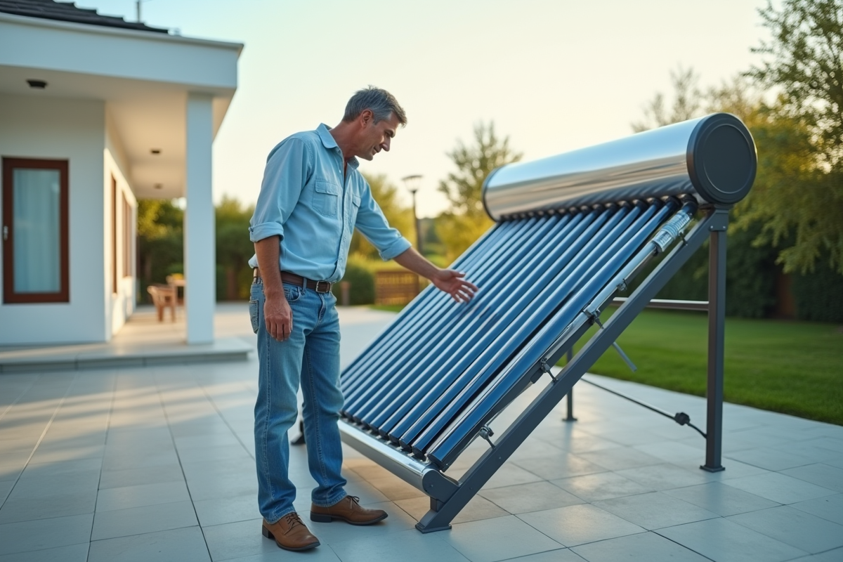 Homme inspectant un chauffe-eau solaire sur le toit