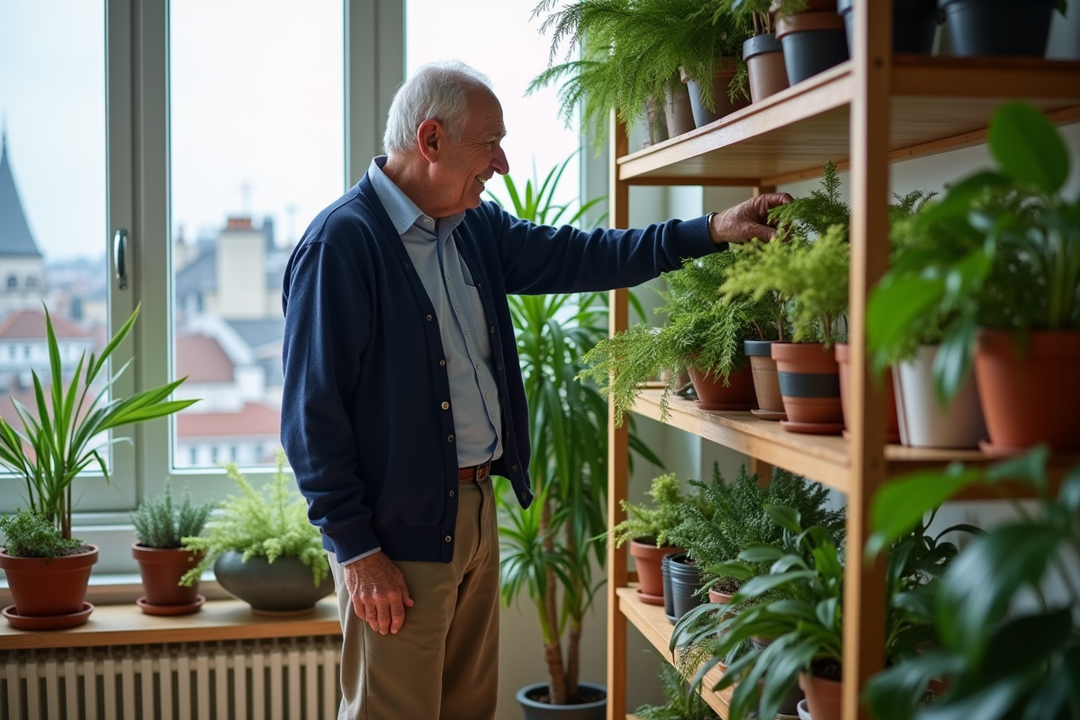 Homme âgé organisant plantes en intérieur lumineux