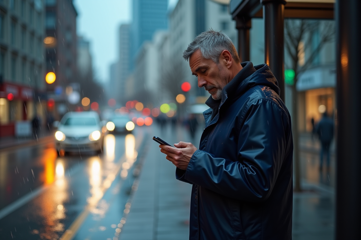 Homme d'âge moyen sous la pluie dans une ville