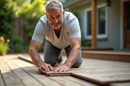 Homme d'âge moyen posant sur une terrasse en bois en été