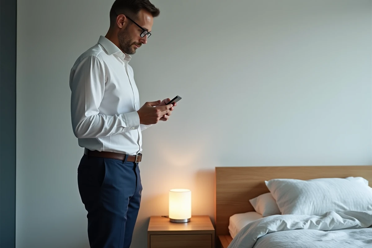Homme actif consultant son téléphone le matin à côté d'un réveil simulateur de lumière naturelle dans une chambre au design scandinave