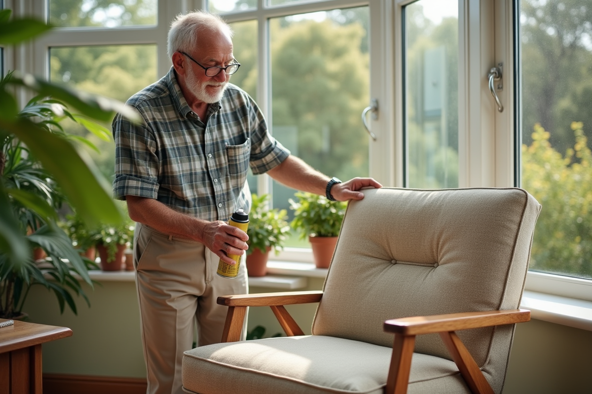 Homme appliquant un spray protecteur sur un fauteuil en tissu