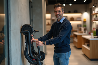 Homme rangeant un scooter électrique dans un magasin moderne