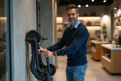 Homme rangeant un scooter électrique dans un magasin moderne