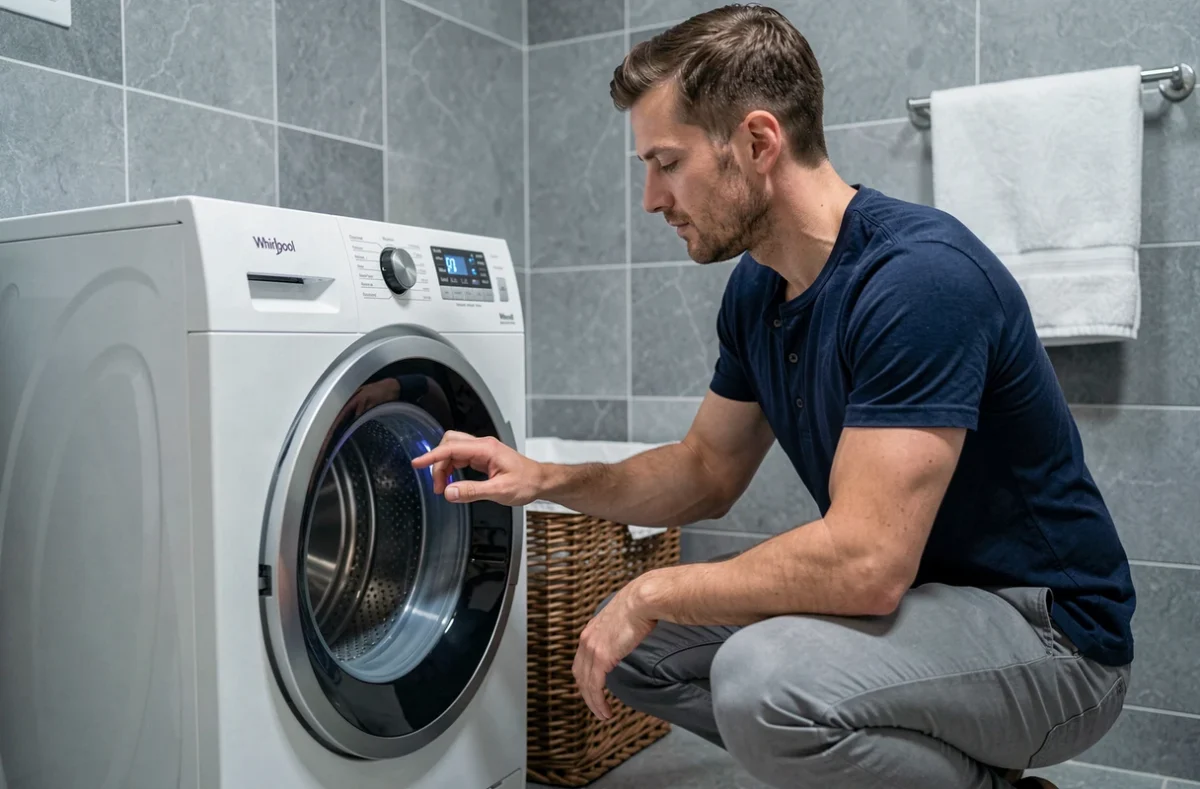 Homme réglant le premier programme sur le panneau de commande du lave-linge Whirlpool 9kg