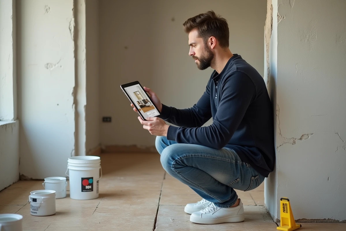 Homme consultant une application d'aménagement sur tablette dans une pièce en cours de rénovation avec murs en plâtre brut