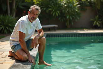 Homme testant l'eau de la piscine avec eau verte et algues