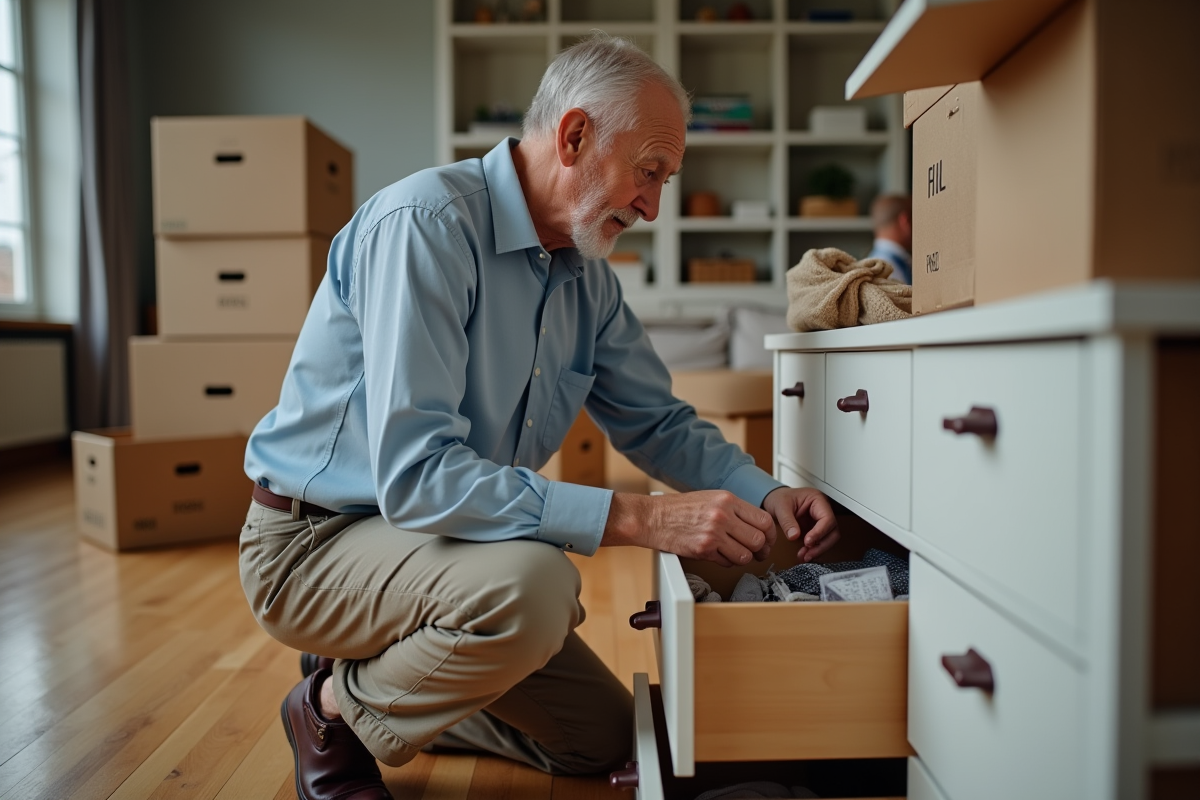 Homme âgé triant des objets dans un salon spacieux