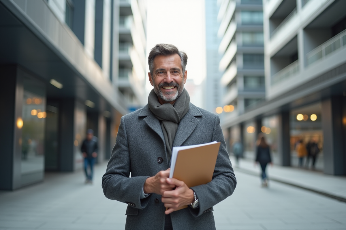 Homme d age moyen avec documents immobiliers en ville