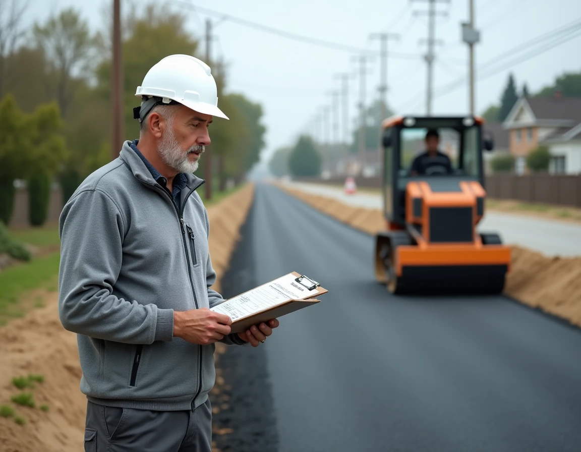 Ingénieur en travaux publics consultant un devis d'enrobé drainant sur chantier, route nouvellement revêtue en arrière-plan