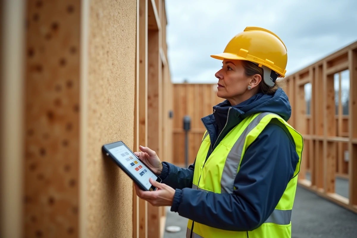 Ingénieure en bâtiment consultant une calculette de résistance thermique sur tablette devant des panneaux isolants en fibre de bois sur chantier