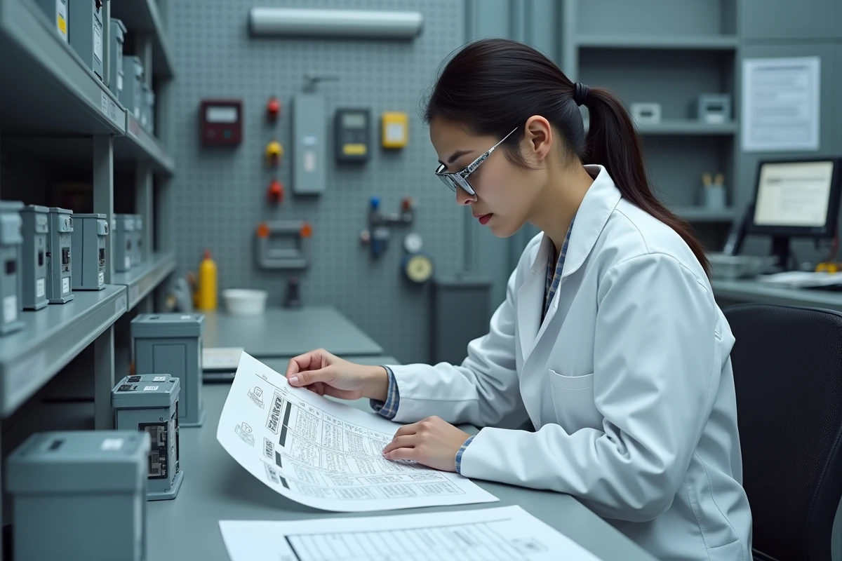 Ingénieure consultant un tableau de classification IP avec des boîtiers électriques en laboratoire, norme IP44 indice de protection