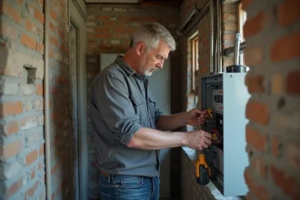 Homme inspectant un panneau électrique GTL dans une maison rénovée
